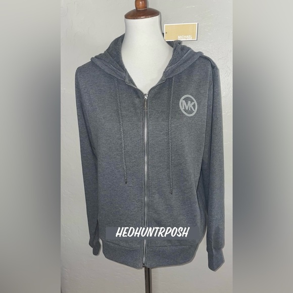 New! Michael Kors Metallic Logo Fleece Zip Hoodie Sizes L &XL🩶Derby Gray - Picture 4 of 10